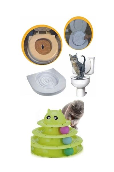 MINDA Kedi Tuvalet Eğitimi ve 3 Katlı Kedi Oyuncağı Seti Kedi Klozet Alıştırm...