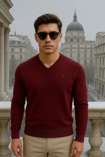 Maccali Men's Casual Premium Loose Long V-Neck Burgundy Sweater