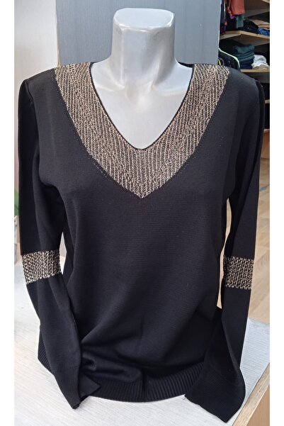 D LAVELLA Siyah Renk Yaka Ve Kol Sarı Sim Örgü Detaylı Triko Bluz