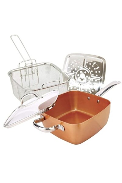 OEM Square multifunctional pan with lid, frying strainer and steam tray, 24x24x9.5 cm, copper