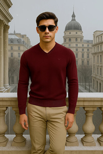 Maccali Men's Casual Premium Loose Long V-Neck Burgundy Sweater