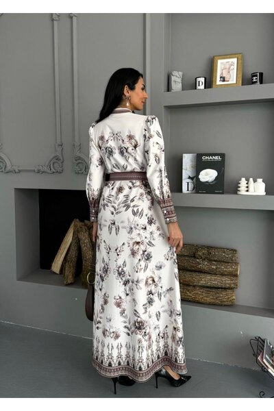 WellWay Atlas Fabric Floral Patterned Shirt Collar Button Detailed White Dress (Belt Included)-2599