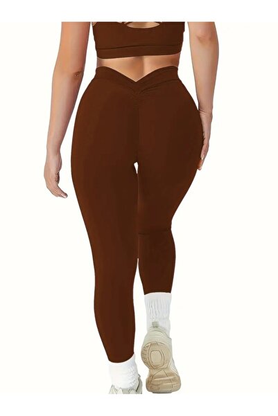 MAROVOAY Brown Stretch Fabric Long Sports Leggings with Gathered Back, Yoga Leggings