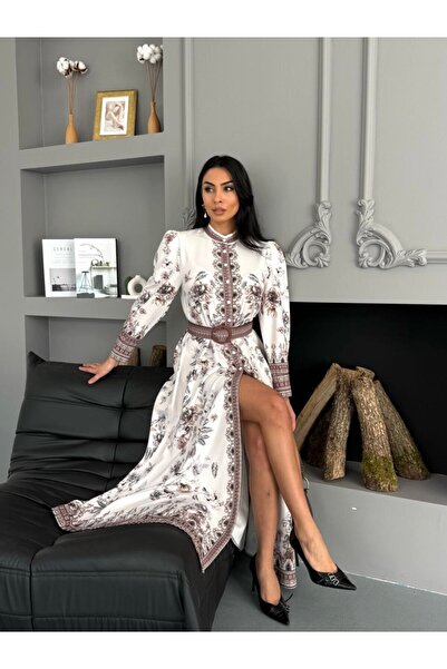 WellWay Atlas Fabric Floral Patterned Shirt Collar Button Detailed White Dress (Belt Included)-2599