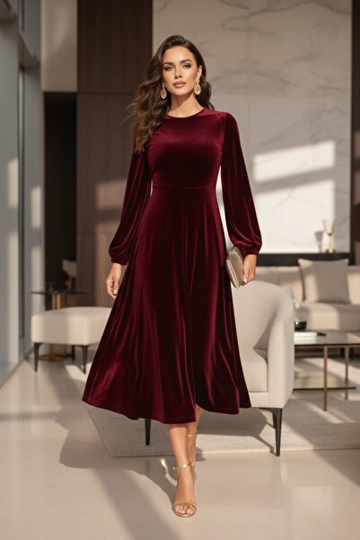 Mossta Burgundy Midi Velvet Dress