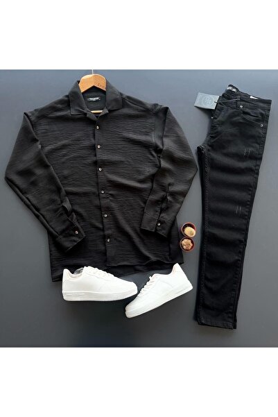 giyimadam16 Men's Crinkle Linen Shirt Stretch Fabric Jeans Set 2-Piece