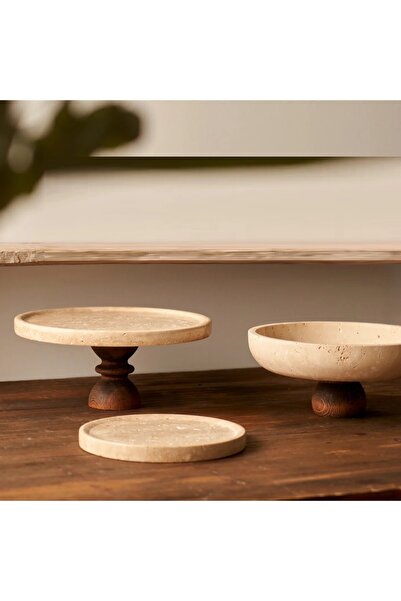 Bella Maison Ephesus Traverten Yuvarlak Dekoratif Ayaklı Sunum Kasesi , Sunum Kek StandıTabak Naturel