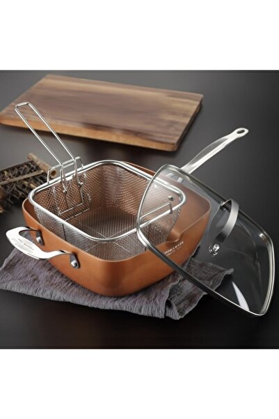 OEM Square multifunctional pan with lid, frying strainer and steam tray, 24x24x9.5 cm, copper