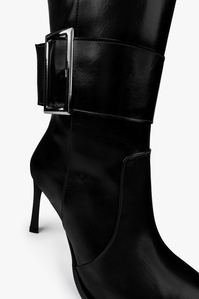 Shoeberry Women's Emma Black Leather Buckle Heeled Boots