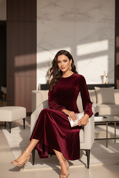 Mossta Burgundy Midi Velvet Dress