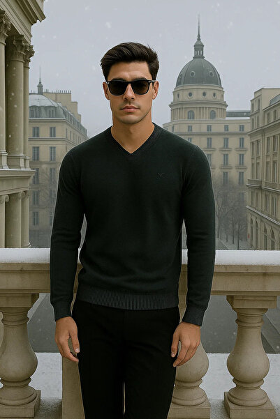 Maccali Men's Casual Premium Loose Long V-Neck Smoked Sweater