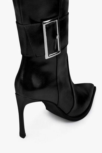 Shoeberry Women's Emma Black Leather Buckle Heeled Boots