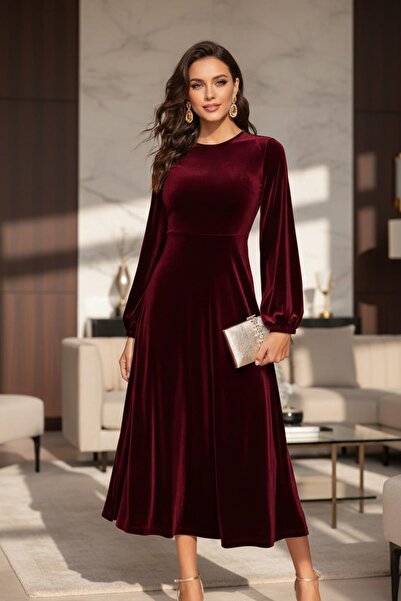 Mossta Burgundy Midi Velvet Dress
