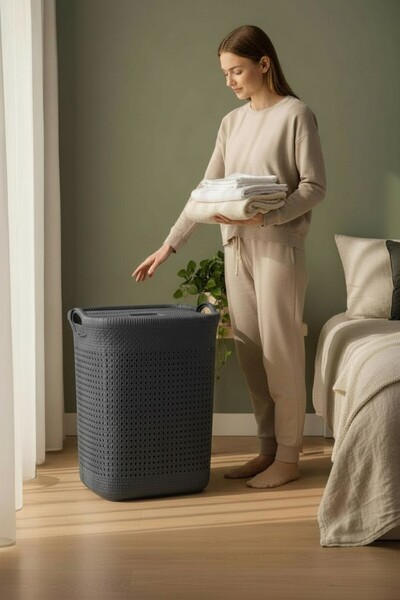 Milenay Rattan Desen Lüks Kapaklı Çamaşır Sepeti, Büyük Boy 52lt, Şık Tasarım