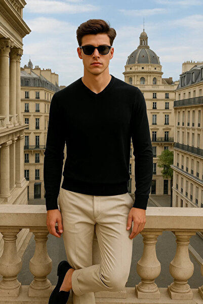 Maccali Men's Basic Premium Comfort Black Long V-Neck Sweater