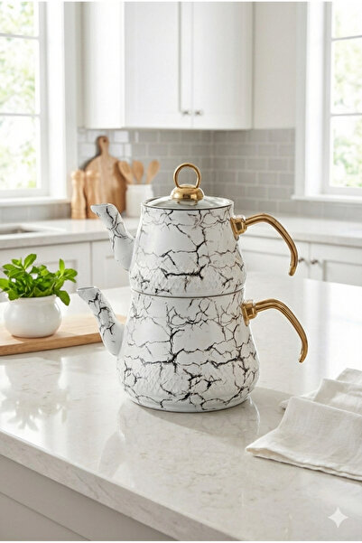 Kapılı طقم إبريق شاي فاخر من الجرانيت من سلسلة بيريت مع تفاصيل ذهبية ونقوش رخامية