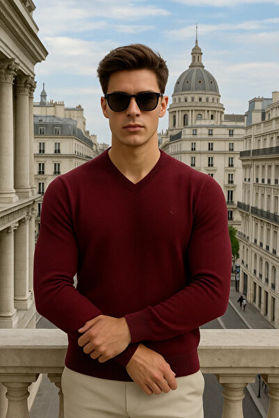 Maccali Men's Basic Premium Comfort Burgundy Long V-Neck Sweater