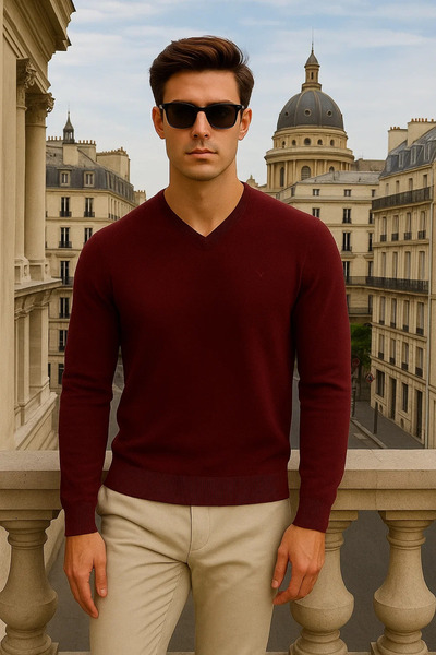 Maccali Men's Basic Premium Comfort Burgundy Long V-Neck Sweater