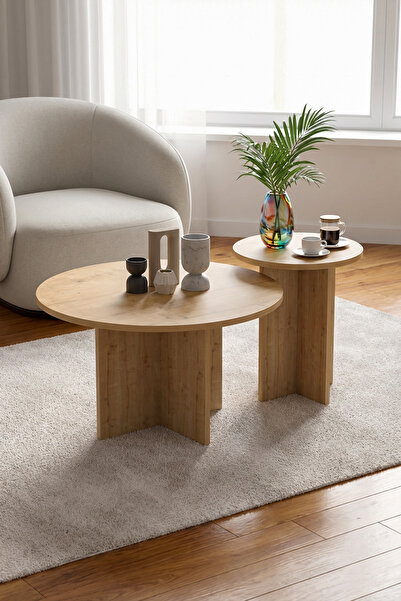 PDMPOİNT DOLAP MARKET 2 Li Orta Sehpa Seti, Iskandinav Stil, Bohem, 72 Cm, 40 Cm - Safir Meşe