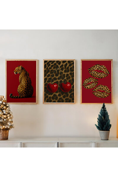 512 STORE Estetik 3'lü Bordo Leopar Serisi Çerçevesiz Kuşe Kağıt Poster Ev Dekor Modern Tasarım Dizayn