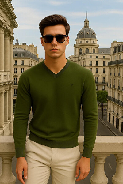 Maccali Men's Basic Premium Comfort Khaki Long V-Neck Sweater