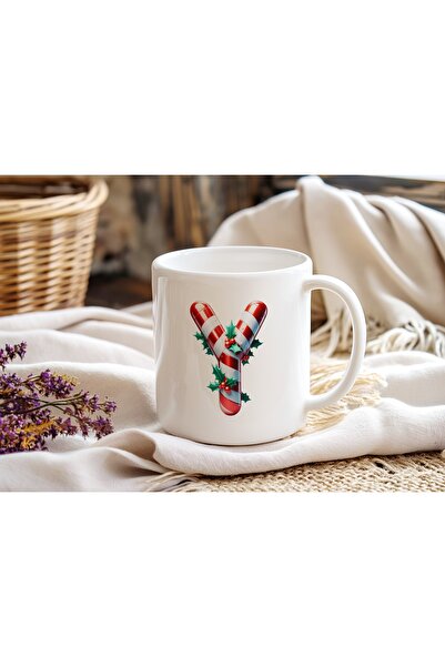 Beramussa Y Initial Letter Christmas Themed Mug – New Year Candy Cane Design ...
