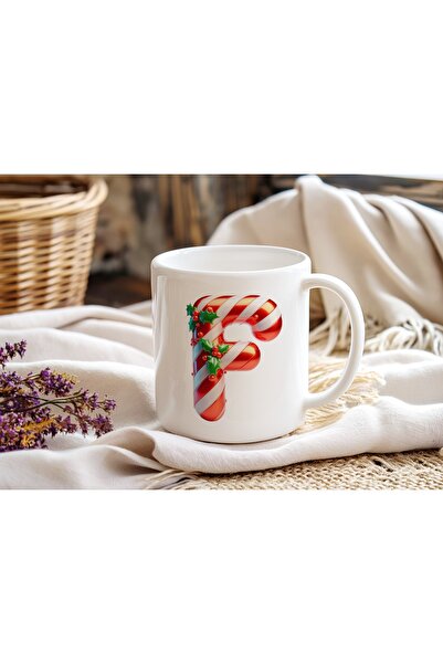Beramussa F Initial Letter Christmas Themed Mug – New Year Candy Cane Design ...