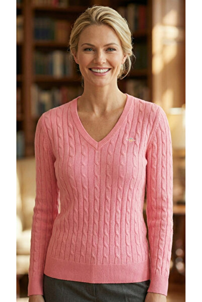 Gant Pulover tricotat cu decolteu în V, model împletit, culoare roz geraniu