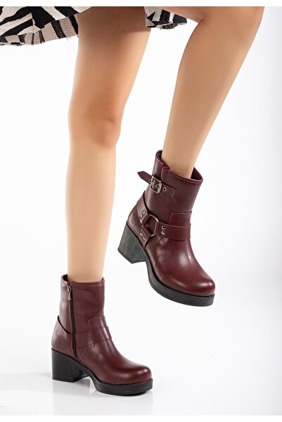 Zerenyus Zri̇n-3042 Premium Burgundy Zippered Thick Heeled Daily Women's Boots