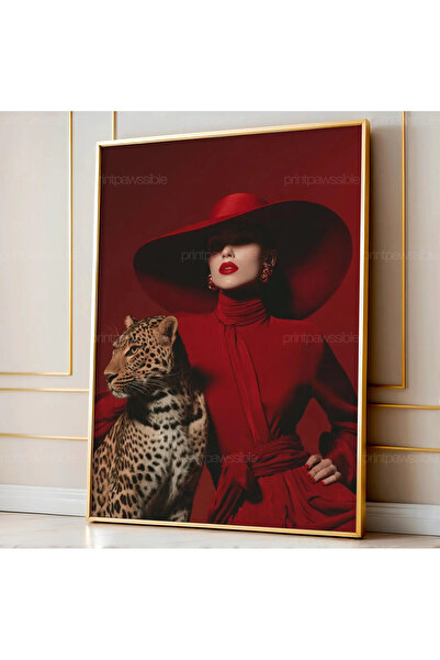 512 STORE Modern Estetik Leopar Kırmızı Çizmeli Kadın Serisi Çerçevesiz Kuşe ...