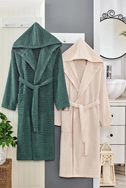 VENTİ VENTİSCA Neutral Pamuklu Büyük Beden Kapşonlu Çift Bornoz Seti