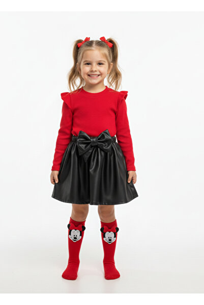 özge başaran Червена рокля с черна панделка, кожена пола и високи чорапи до коляното 3-компонентен комплект за момичета