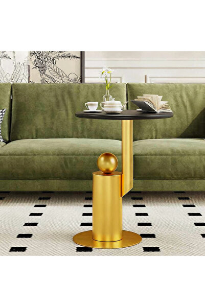 Generic Marble wood and gold and black metal side table - 40x55 cm