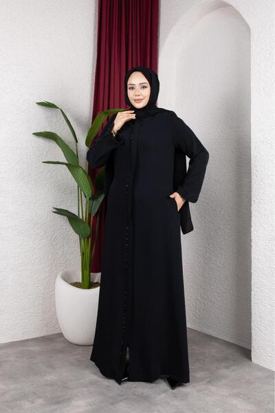 shalby Black Hijab Italian Silk Fabric Special Stone Detail Zippered Pocket Plus Size Ferace