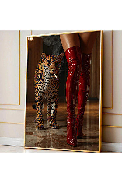 512 STORE Modern Estetik Leopar Kırmızı Çizmeli Kadın Serisi Çerçevesiz Kuşe Kağıt Poster Ev Dekor Dizayn