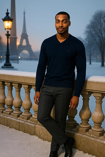 Maccali Men's Loose Trend Long Navy Blue V-Neck Sweater