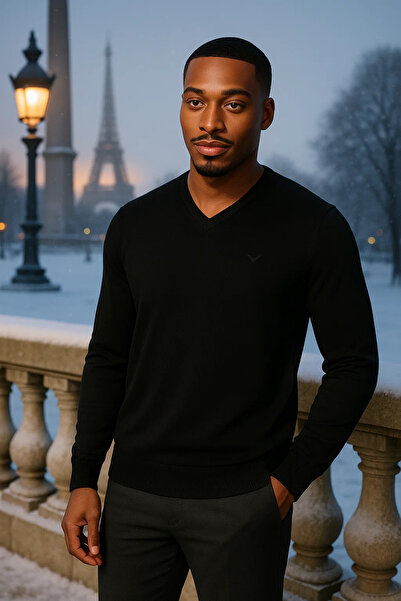 Maccali Men's Loose Trend Long Black V-Neck Sweater