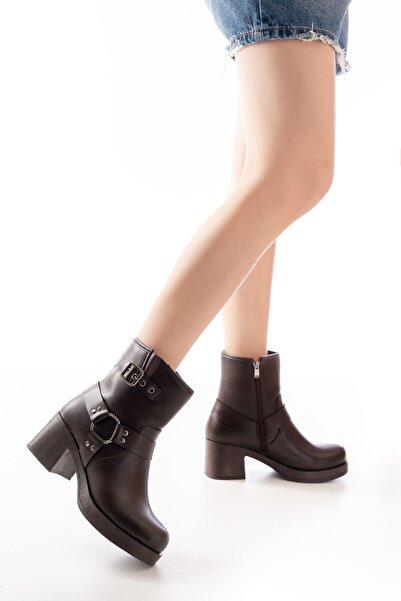 Zerenyus Zri̇n-3042 Premium Brown Zippered Thick Heeled Women's Boots