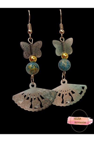 HELİSA ACCESSORİES Blue Earrings with Butterfly and Handicraft Fan Detail