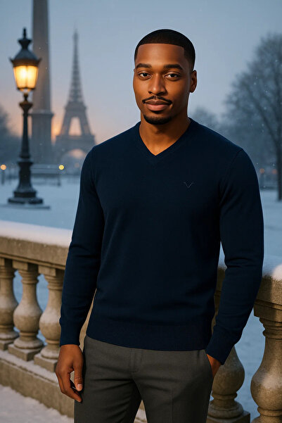 Maccali Men's Loose Trend Long Navy Blue V-Neck Sweater