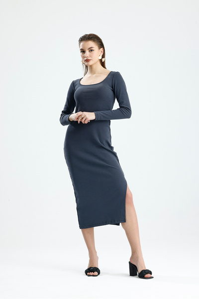 let s shine Square Neck Slit Long Sleeve Combed Cotton Dress