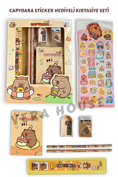 VERA HOUSE Capybara Model Sticker Hediyeli Kırtasiye Seti - Capy Bara Kalem Silgi Not Defterli Set