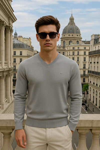 Maccali Men's Basic Premium Comfort Gray Long V-Neck Sweater