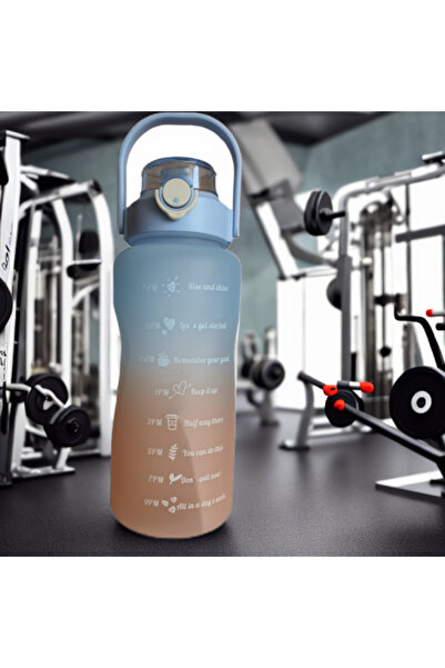 OEM Portable Motivational 2L Tritan Water Bottle with Straw and Time Marker, Blue/Orange
