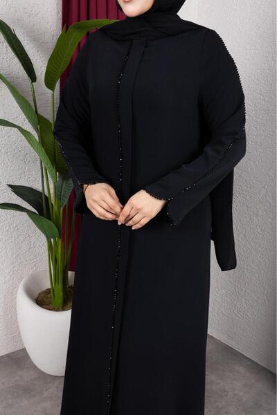 shalby Black Hijab Italian Silk Fabric Special Stone Detail Zippered Pocket Plus Size Ferace