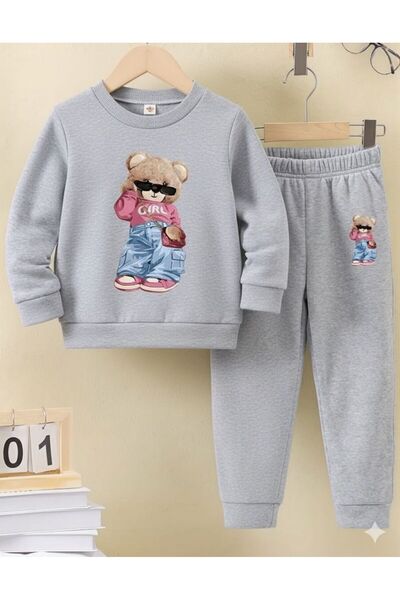 No Plan Girls' Bottom-Length Teddy Printed Tracksuit with Cute Glasses