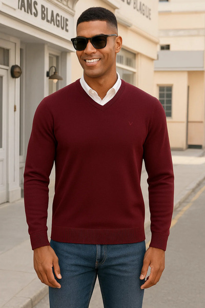 Maccali Men's Comfortable Casual Long Sleeve Burgundy V-Neck Sweater