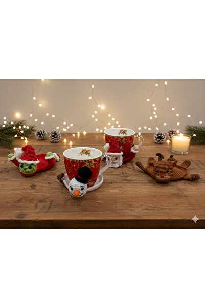 Handmade El Örgüsü Kupa Altlığı Seti (4'lü) Yılbaşı Noel Temalı Bardak Altlığ...