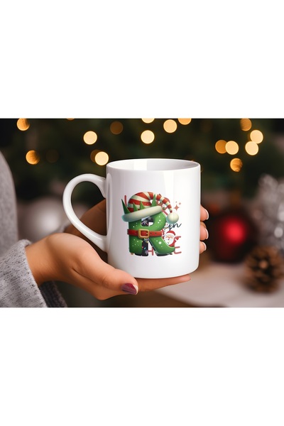 Beramussa R Initial Letter New Year Themed Mug – Green Christmas Design Coffee Cup Gift with New Year Elf Hat