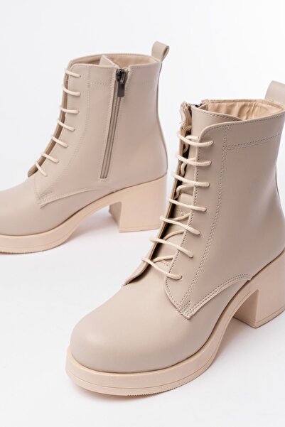 Zerenyus Zri̇n-3025 Premium Beige Lace-Up Zippered Thick Heeled Women's Boots